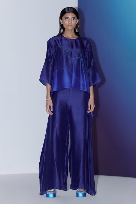 FEBO6_Blue Silk Plain Wide Legged Trouser  _Online_at_Aza_Fashions