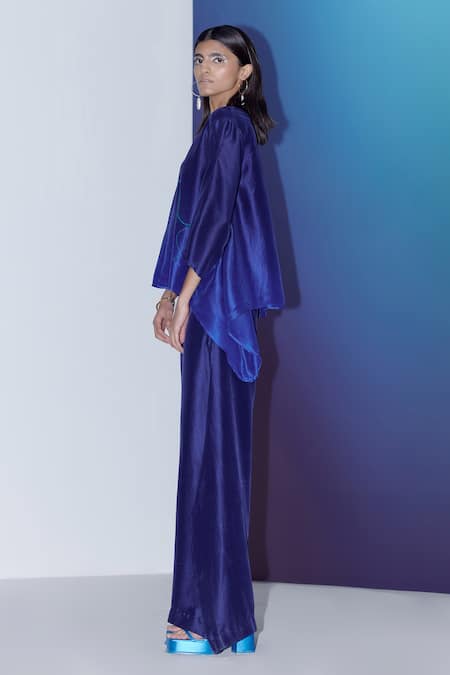 Shop_FEBO6_Blue Silk Plain Wide Legged Trouser  _Online_at_Aza_Fashions