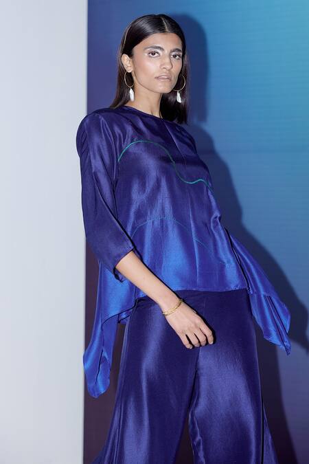 Shop Febo6 Blue Silk Embroidery Round Neck Ombre Thread Top Online at Aza Fashions Shop_Febo6_Blue Silk Embroidery Round Neck Ombre Thread Top _Online_at_Aza_Fashions