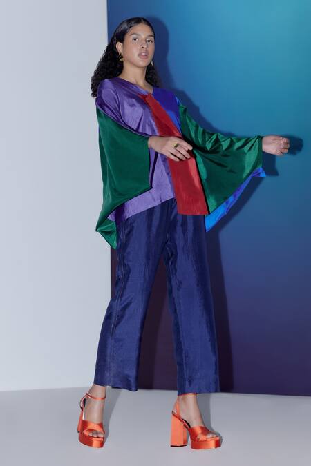 Febo6_Multi Color Silk V-neck Dawn Block Cape Top _Online_at_Aza_Fashions