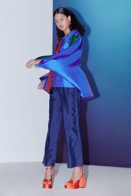 Buy_Febo6_Multi Color Silk V-neck Dawn Block Cape Top _Online_at_Aza_Fashions