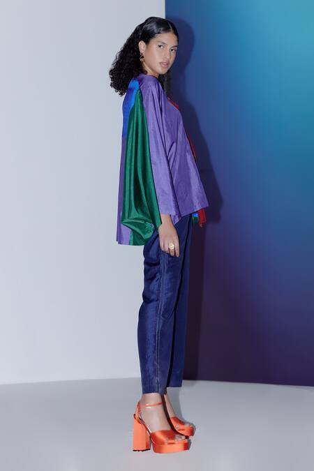 Shop_Febo6_Multi Color Silk V-neck Dawn Block Cape Top _Online_at_Aza_Fashions