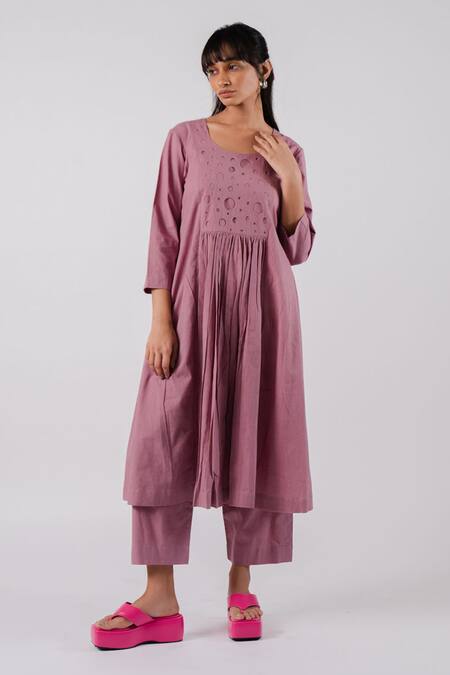 Shop Tussah By Siddhi Shah Purple Cotton Cutwork Round Yoke Kurta With Pant Online at Aza Fashions Shop_Tussah By Siddhi Shah_Purple Cotton Cutwork Round Yoke Kurta With Pant _Online_at_Aza_Fashions