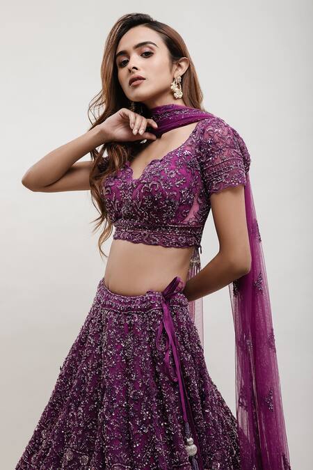 Buy Kalighata Purple Organza, Net Cut Work, Sequins Floral Embellished Bridal Lehenga Set Online at Aza Fashions Buy_Kalighata_Purple Organza, Net Cut Work, Sequins Floral Embellished Bridal Lehenga Set _Online_at_Aza_Fashions