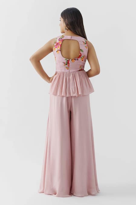 Shop Suruchi Parakh Pink Crepe, Georgette Crepe, Lining Shantoon Ruffle Slit Pant And Peplum Set at Aza Fashions Shop_Suruchi Parakh_Pink Crepe, Georgette Crepe, Lining Shantoon Ruffle Slit Pant And Peplum Set _at_Aza_Fashions