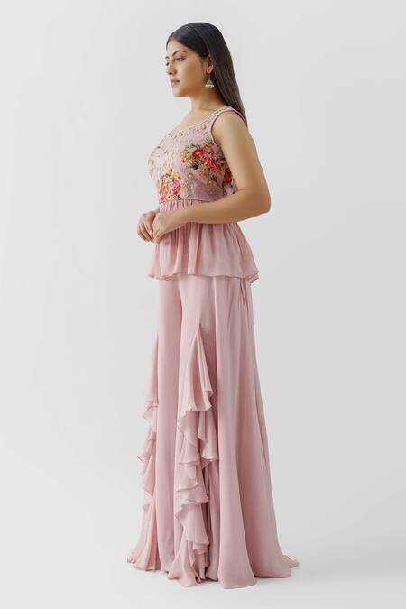 Suruchi Parakh Pink Crepe, Georgette Crepe, Lining Shantoon Ruffle Slit Pant And Peplum Set Online at Aza Fashions Suruchi Parakh_Pink Crepe, Georgette Crepe, Lining Shantoon Ruffle Slit Pant And Peplum Set _Online_at_Aza_Fashions