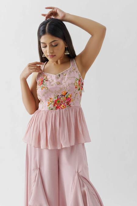 Buy Suruchi Parakh Pink Crepe, Georgette Crepe, Lining Shantoon Ruffle Slit Pant And Peplum Set Online at Aza Fashions Buy_Suruchi Parakh_Pink Crepe, Georgette Crepe, Lining Shantoon Ruffle Slit Pant And Peplum Set _Online_at_Aza_Fashions