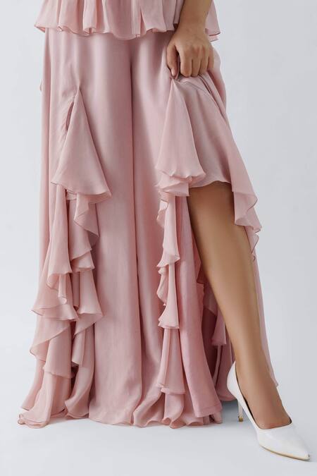 Shop Suruchi Parakh Pink Crepe, Georgette Crepe, Lining Shantoon Ruffle Slit Pant And Peplum Set Online at Aza Fashions Shop_Suruchi Parakh_Pink Crepe, Georgette Crepe, Lining Shantoon Ruffle Slit Pant And Peplum Set _Online_at_Aza_Fashions