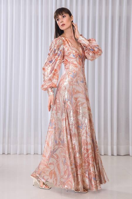 Buy_Mandira Wirk_Multi Color Silk Sequins V-neck Willow Print Dress _Online_at_Aza_Fashions