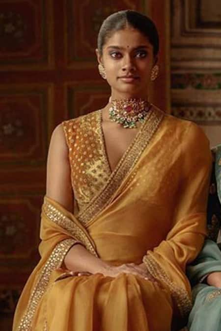 Sabyasachi_Organza Saree With Unstitched Blouse Fabric_Online_at_Aza_Fashions