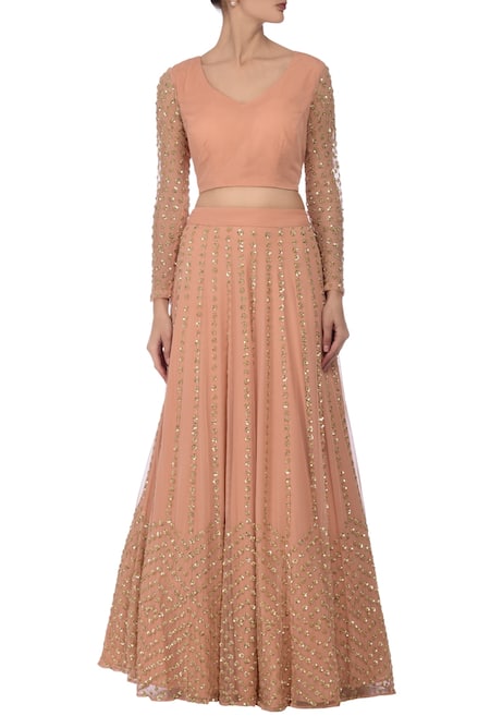Astha Narang_Pink Net Sequin V Neck Embellished Lehenga Set_Online_at_Aza_Fashions