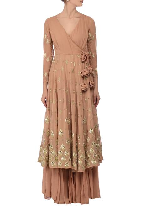 Astha Narang_Beige V Neck Embellished Anarkali Palazzo Set_Online_at_Aza_Fashions