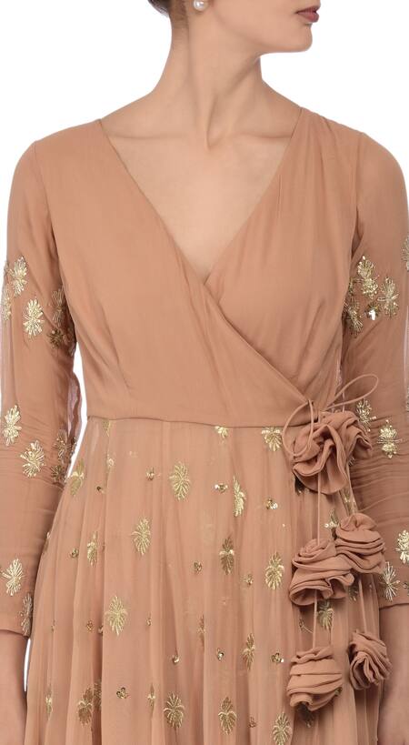 Buy_Astha Narang_Beige V Neck Embellished Anarkali Palazzo Set_Online_at_Aza_Fashions