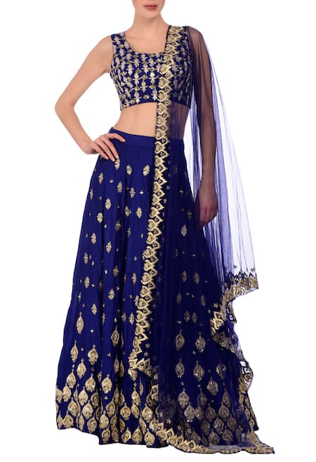 Buy Blue Silk Embroidered Floral Scoop Neck Lehenga Set For Women by ...