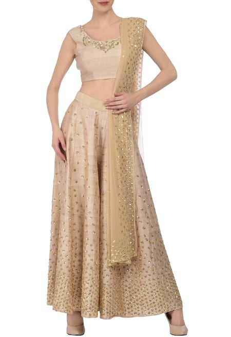 Astha Narang Beige Top And Palazzo Silk Embellished Sequin Work Round Neck Set 