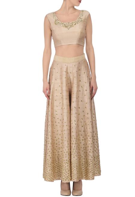 Astha Narang_Beige Dupatta Net, Top And Palazzo Silk Sequin Work Round Neck Embellished Set_Online_at_Aza_Fashions