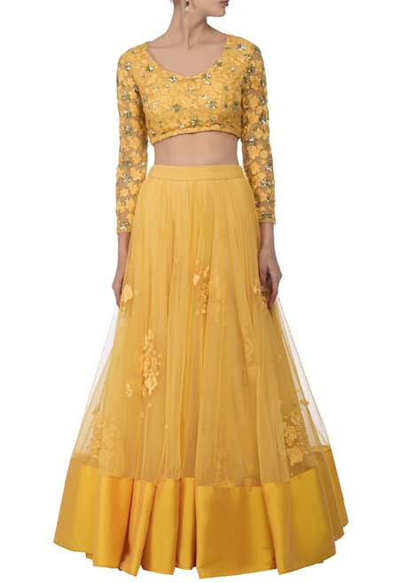 Astha Narang_Yellow Net Floral Scoop Neck Embroidered Lehenga Set_Online_at_Aza_Fashions