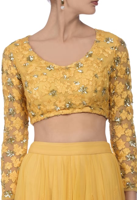 Buy_Astha Narang_Yellow Net Floral Scoop Neck Embroidered Lehenga Set_Online_at_Aza_Fashions