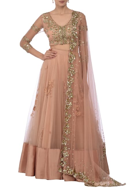 Astha Narang Pink Net Embroidered Floral V Neck Lehenga Set  