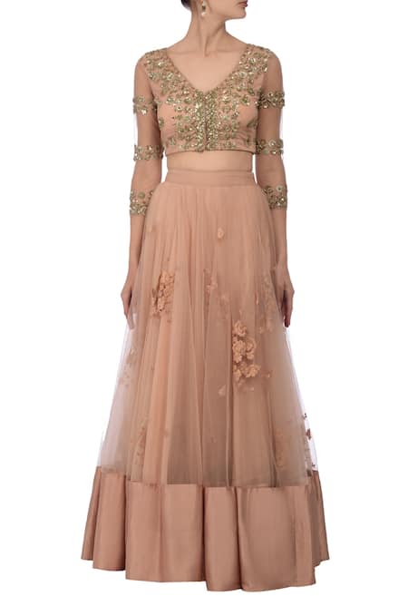 Astha Narang_Pink Net Floral V Neck Embroidered Lehenga Set_Online_at_Aza_Fashions