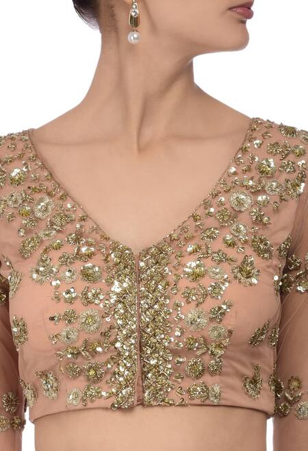 Buy_Astha Narang_Pink Net Floral V Neck Embroidered Lehenga Set_Online_at_Aza_Fashions