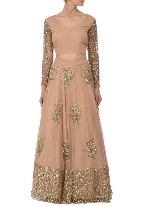 Astha Narang_Pink Blouse Crepe Lehenga, Dupatta Net Floral V Neck Embroidered Set_Online_at_Aza_Fashions