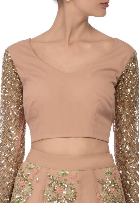 Buy_Astha Narang_Pink Blouse Crepe Lehenga, Dupatta Net Floral V Neck Embroidered Set_Online_at_Aza_Fashions