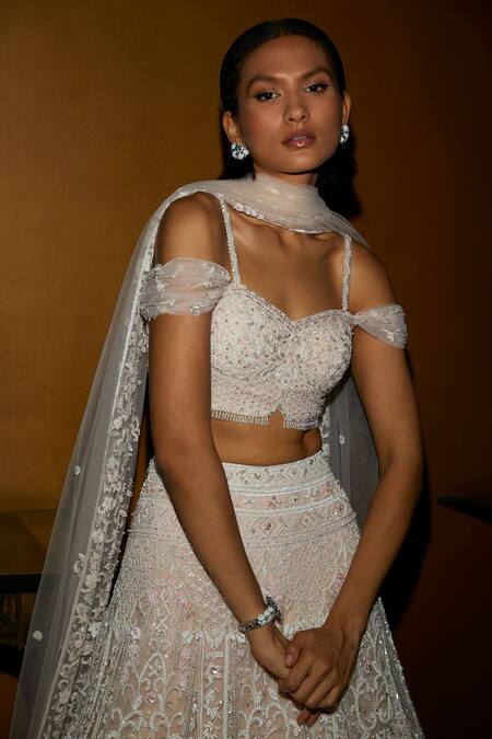 Nadine Dhody_Off White Tulle Crystals, Sequins, Embroidery Sophie Hand Lehenga Set _Online_at_Aza_Fashions