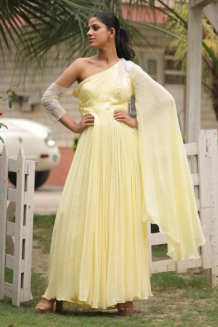 Buy House Of Tushaom Yellow Georgette, Net Pearls Asymmetric One Shoulder Embroidered Draped Gown Online at Aza Fashions Buy_House Of Tushaom_Yellow Georgette, Net Pearls Asymmetric One Shoulder Embroidered Draped Gown _Online_at_Aza_Fashions