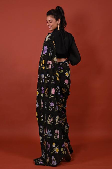 Rimi Nayak_Black Georgette Embroidery Assorted Floral Print Saree _Online_at_Aza_Fashions