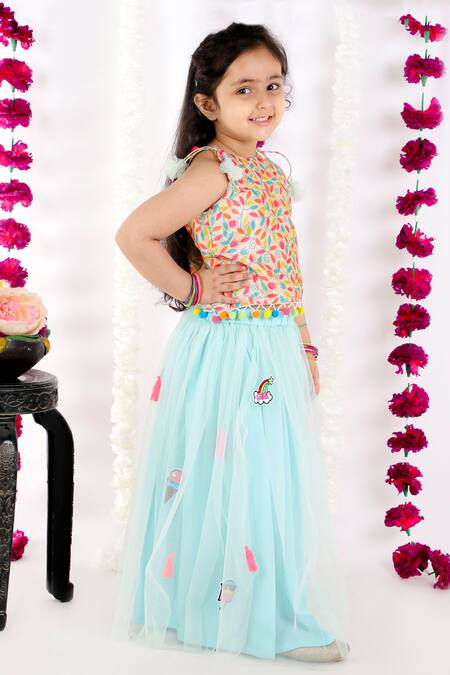Bloomers By Amrita M_Blue Cotton, Silk, Net Tassels, Pom-poms, Embroidery Patchwork Lehenga Set _Online_at_Aza_Fashions
