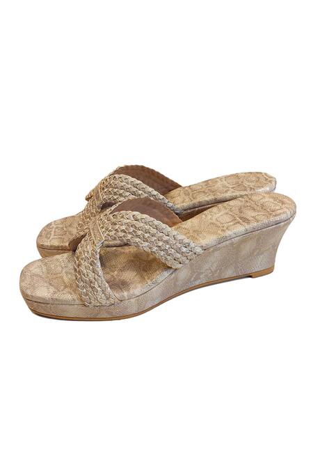 Cinderella By Heena Yusuf_Gold Snake Textured Pattern Curved Braided Strap Wedges _Online_at_Aza_Fashions