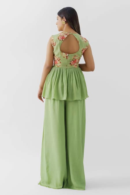 Shop Suruchi Parakh Green Crepe, Georgette Crepe, Lining Shantoon Print Floral Peplum And Pant Set at Aza Fashions Shop_Suruchi Parakh_Green Crepe, Georgette Crepe, Lining Shantoon Print Floral Peplum And Pant Set _at_Aza_Fashions