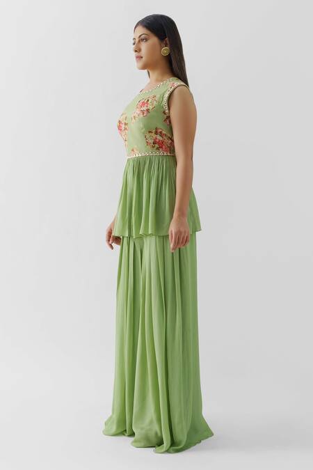 Suruchi Parakh Green Crepe, Georgette Crepe, Lining Shantoon Print Floral Peplum And Pant Set Online at Aza Fashions Suruchi Parakh_Green Crepe, Georgette Crepe, Lining Shantoon Print Floral Peplum And Pant Set _Online_at_Aza_Fashions