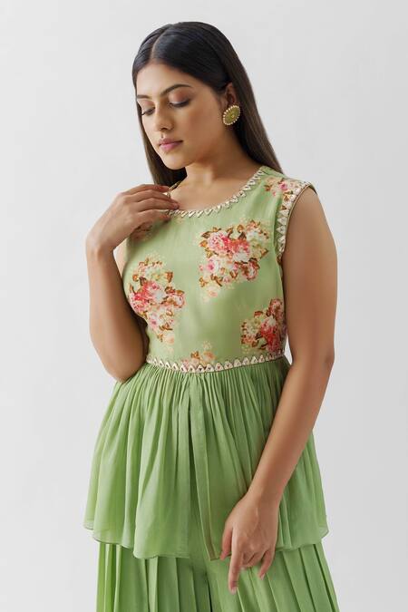 Buy Suruchi Parakh Green Crepe, Georgette Crepe, Lining Shantoon Print Floral Peplum And Pant Set Online at Aza Fashions Buy_Suruchi Parakh_Green Crepe, Georgette Crepe, Lining Shantoon Print Floral Peplum And Pant Set _Online_at_Aza_Fashions