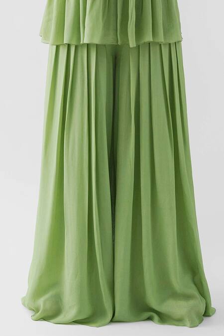 Shop Suruchi Parakh Green Crepe, Georgette Crepe, Lining Shantoon Print Floral Peplum And Pant Set Online at Aza Fashions Shop_Suruchi Parakh_Green Crepe, Georgette Crepe, Lining Shantoon Print Floral Peplum And Pant Set _Online_at_Aza_Fashions