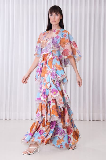 Shop_Mandira Wirk_Multi Color Organza, Polyester Sequins Round Neck Layered Hibiscus Print Dress _Online_at_Aza_Fashions