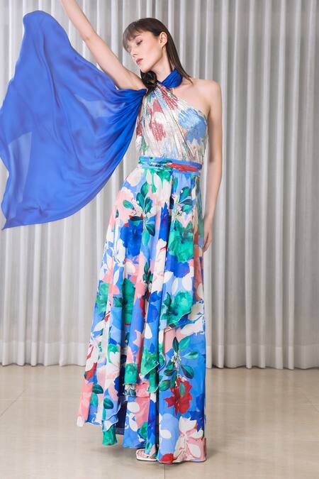 Mandira Wirk Resort Blue Chiffon, Satin Sequins Halter Neck Embroidered One Shoulder Dress Online at Aza Fashions Mandira Wirk Resort_Blue Chiffon, Satin Sequins Halter Neck Embroidered One Shoulder Dress _Online_at_Aza_Fashions
