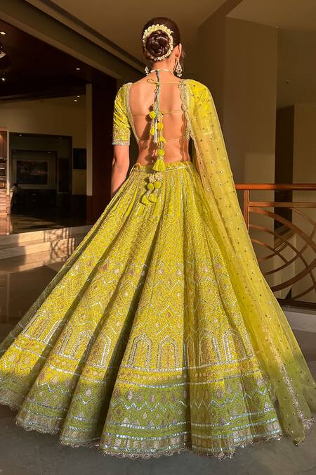 Buy_Gopi Vaid_Green Tussar, Organza Gota Patti, Embroidery, Tassels Shahi Silk Lehenga Set 