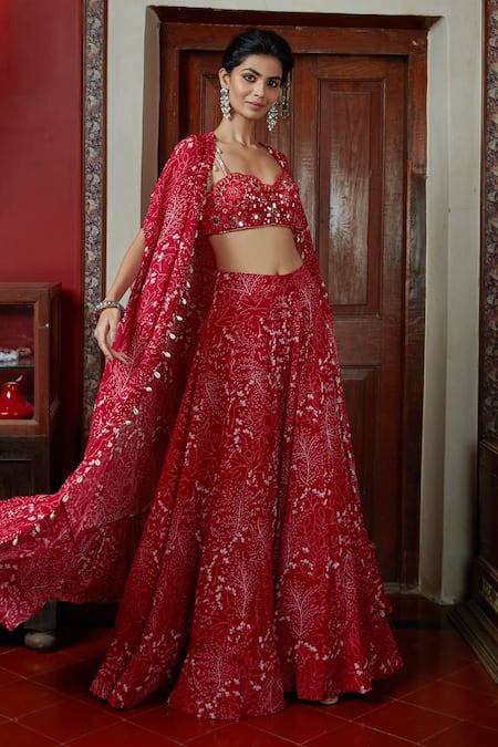 Buy_Arpita Mehta_Red Georgette Embroidery, Mirrors Sweetheart Neck Flower Blouse And Sharara Set_Online_at_Aza_Fashions