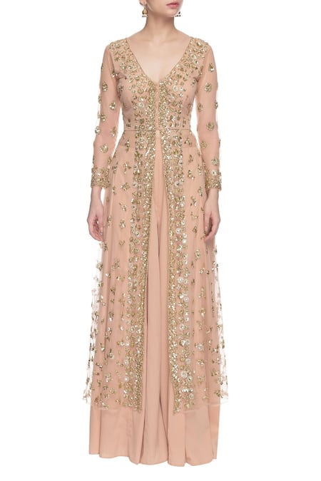 Shop_Astha Narang_Peach V Neck Embroidered Kurta Palazzo Set_Online_at_Aza_Fashions