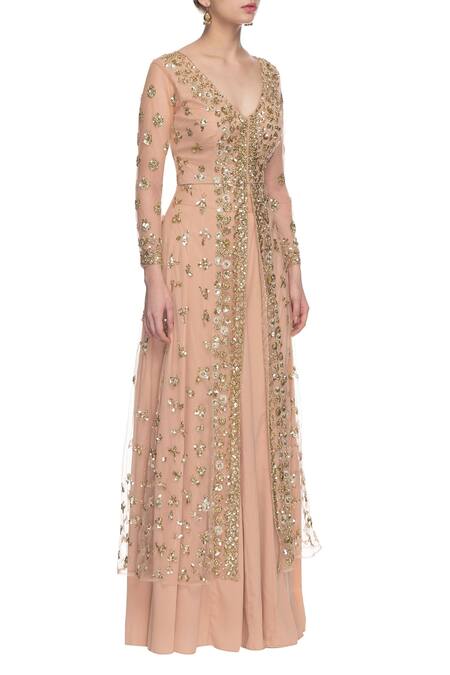 Astha Narang_Peach V Neck Embroidered Kurta Palazzo Set_Online_at_Aza_Fashions