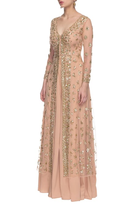 Buy_Astha Narang_Peach V Neck Embroidered Kurta Palazzo Set_Online_at_Aza_Fashions