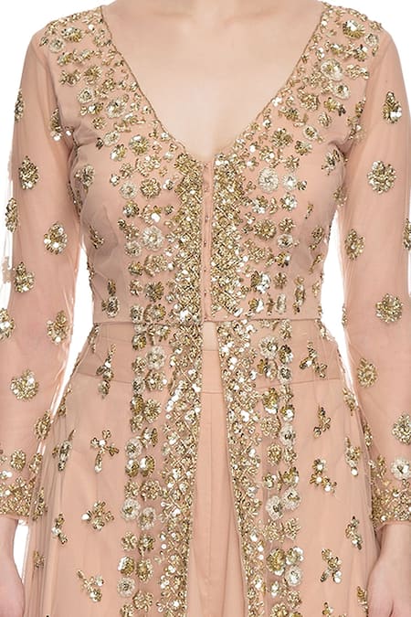 Astha Narang_Peach V Neck Embroidered Kurta Palazzo Set_at_Aza_Fashions