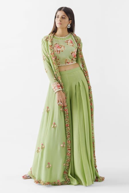 suruchi parakh Green Crepe Printed Print Floral Motif Embroidery Pant Set With Ruffle Jacket