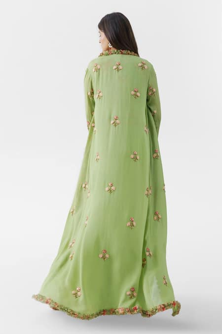 Shop Suruchi Parakh Green Crepe, Georgette Crepe, Lining Shantoon Pant Set With Ruffle Jacket at Aza Fashions Shop_Suruchi Parakh_Green Crepe, Georgette Crepe, Lining Shantoon Pant Set With Ruffle Jacket _at_Aza_Fashions