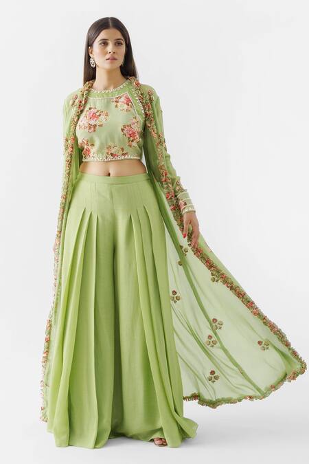 Suruchi Parakh Green Crepe, Georgette Crepe, Lining Shantoon Pant Set With Ruffle Jacket Online at Aza Fashions Suruchi Parakh_Green Crepe, Georgette Crepe, Lining Shantoon Pant Set With Ruffle Jacket _Online_at_Aza_Fashions