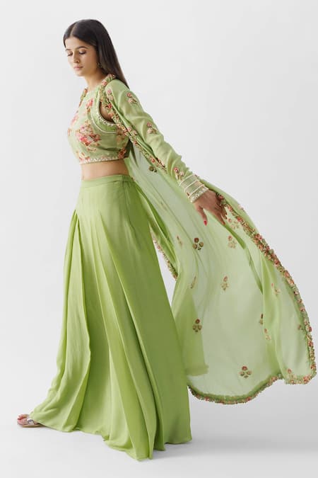 Buy Suruchi Parakh Green Crepe, Georgette Crepe, Lining Shantoon Pant Set With Ruffle Jacket Online at Aza Fashions Buy_Suruchi Parakh_Green Crepe, Georgette Crepe, Lining Shantoon Pant Set With Ruffle Jacket _Online_at_Aza_Fashions