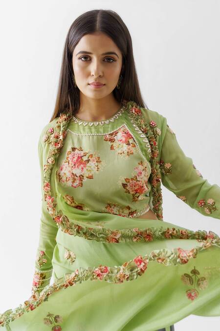 Shop Suruchi Parakh Green Crepe, Georgette Crepe, Lining Shantoon Pant Set With Ruffle Jacket Online at Aza Fashions Shop_Suruchi Parakh_Green Crepe, Georgette Crepe, Lining Shantoon Pant Set With Ruffle Jacket _Online_at_Aza_Fashions