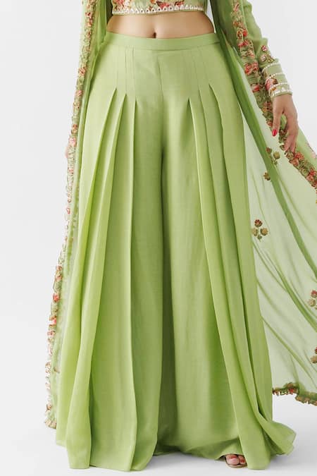 Suruchi Parakh Green Crepe, Georgette Crepe, Lining Shantoon Pant Set With Ruffle Jacket at Aza Fashions Suruchi Parakh_Green Crepe, Georgette Crepe, Lining Shantoon Pant Set With Ruffle Jacket _at_Aza_Fashions